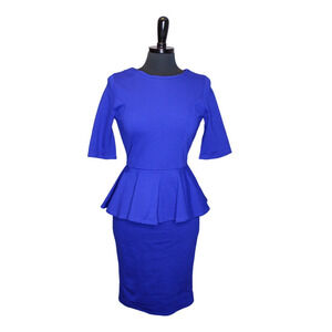 Brigitte Brianna Peplum Dress Blue Pencil Skirt Midi Size M